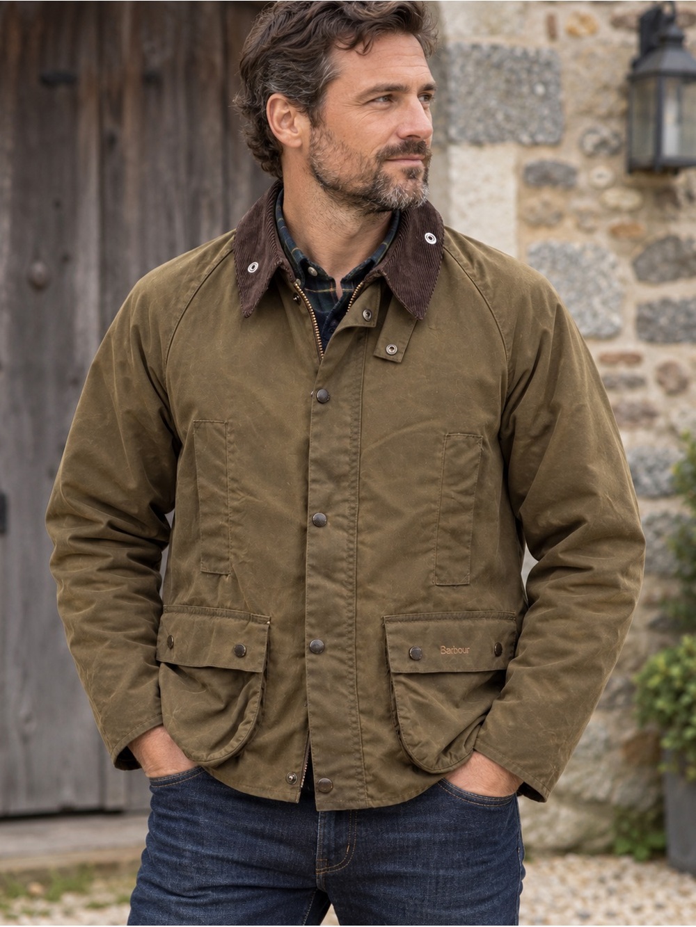 Barbour Ashby Waxed Cotton Jacket XXL Olive Tartan Lined Corduroy Collar England